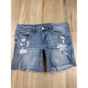 American Eagle Super Super Stretch Distressed Midi Denim Shorts Blue Womens 8